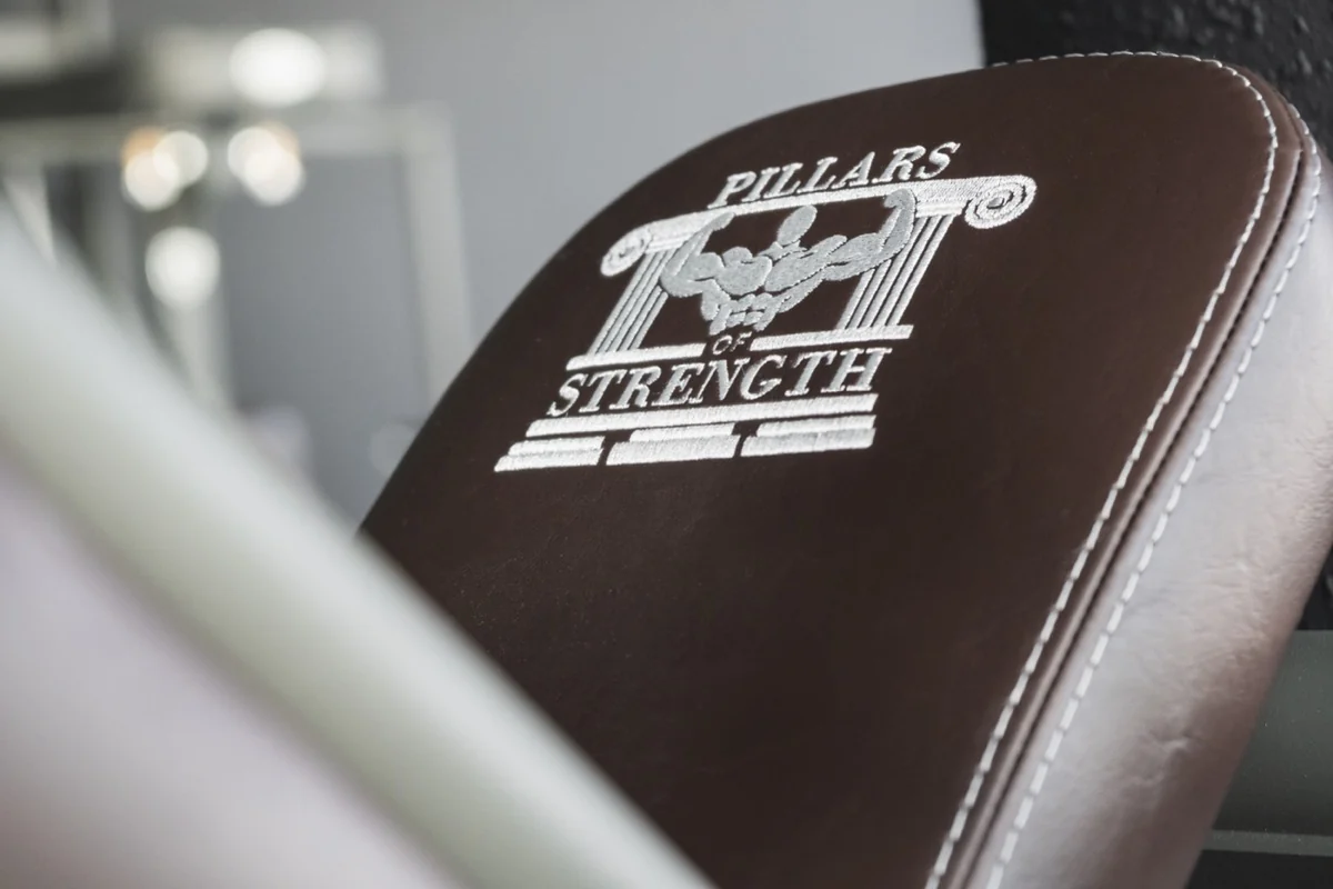 Pillars of Strength — logo brodé dans le cuir du rembourrage, salle de Telju